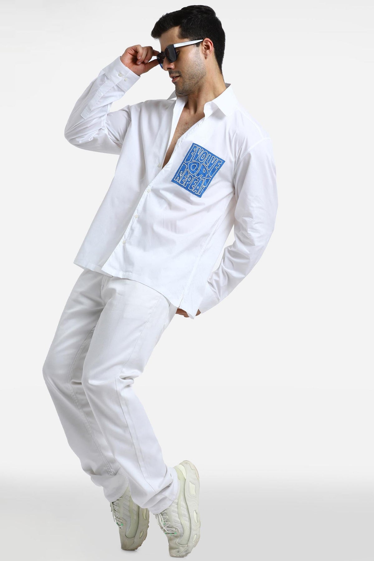 Evolve or Repeat - Hand Embroidered Oversized Designer Shirt  - White with blue