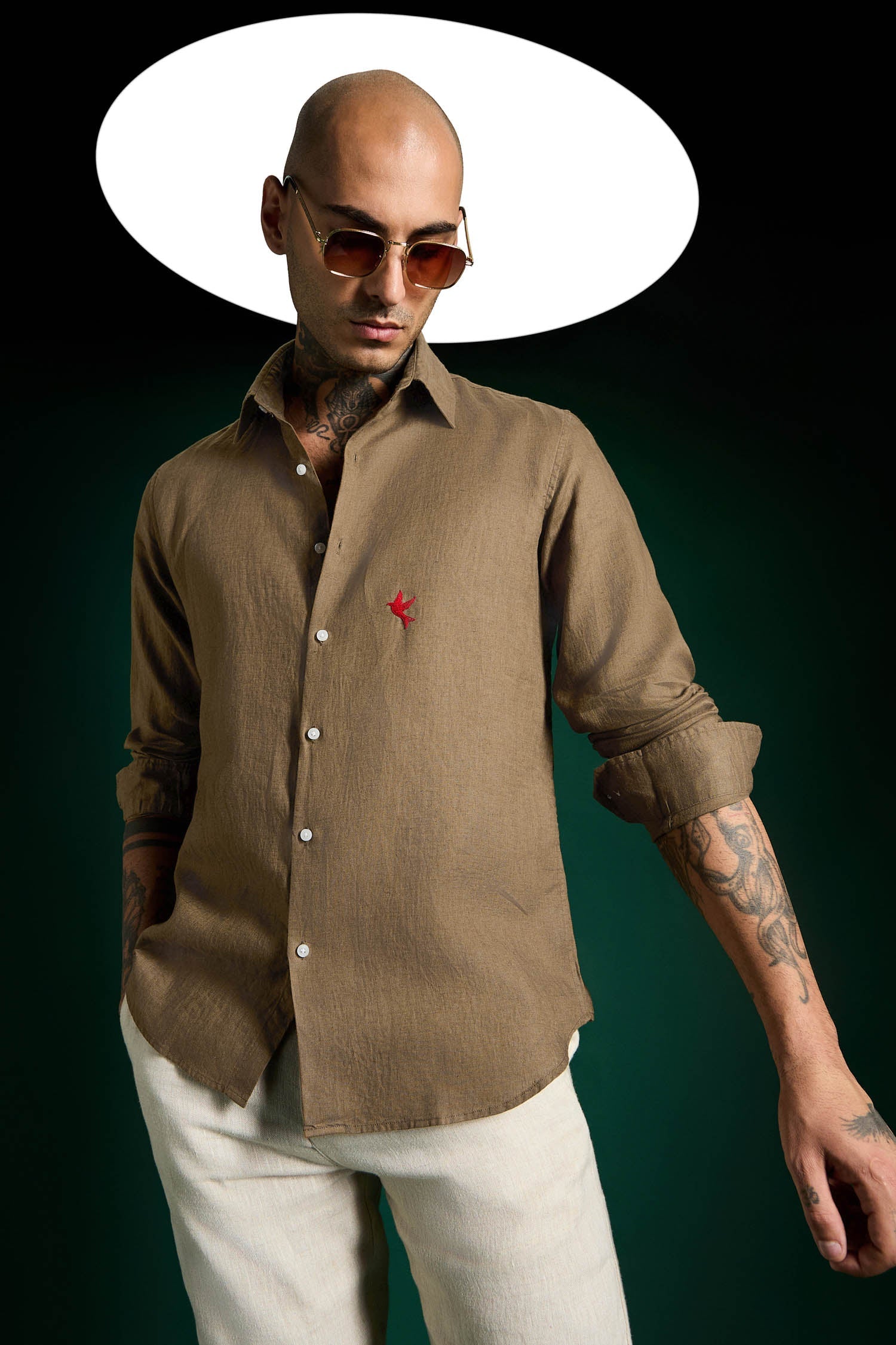 Bird Hand Embroidered Irish Linen Shirt - Cocoa Brown