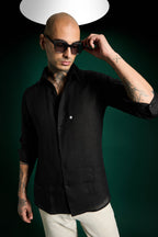 Spade Hand Embroidered Irish Linen Shirt - Black