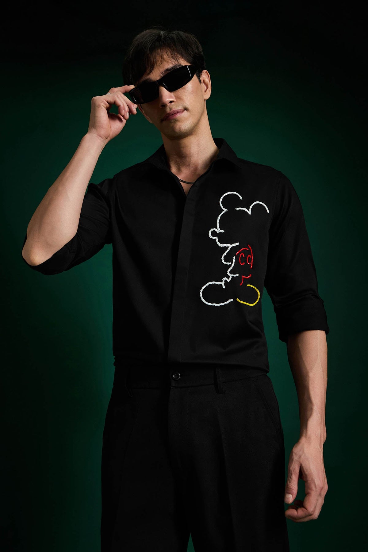 Big Mickey - Black Hand Embroidered Designer Shirt - Black