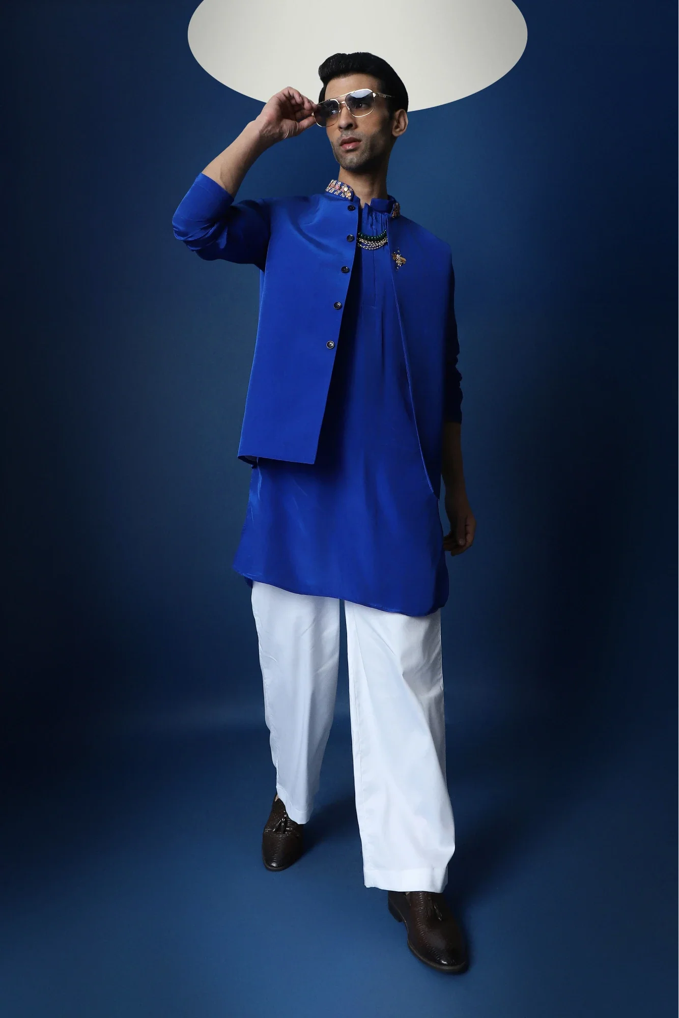 Groom Squad Hand Embroidered Crepe Bundi With Kurta  - Royal Blue
