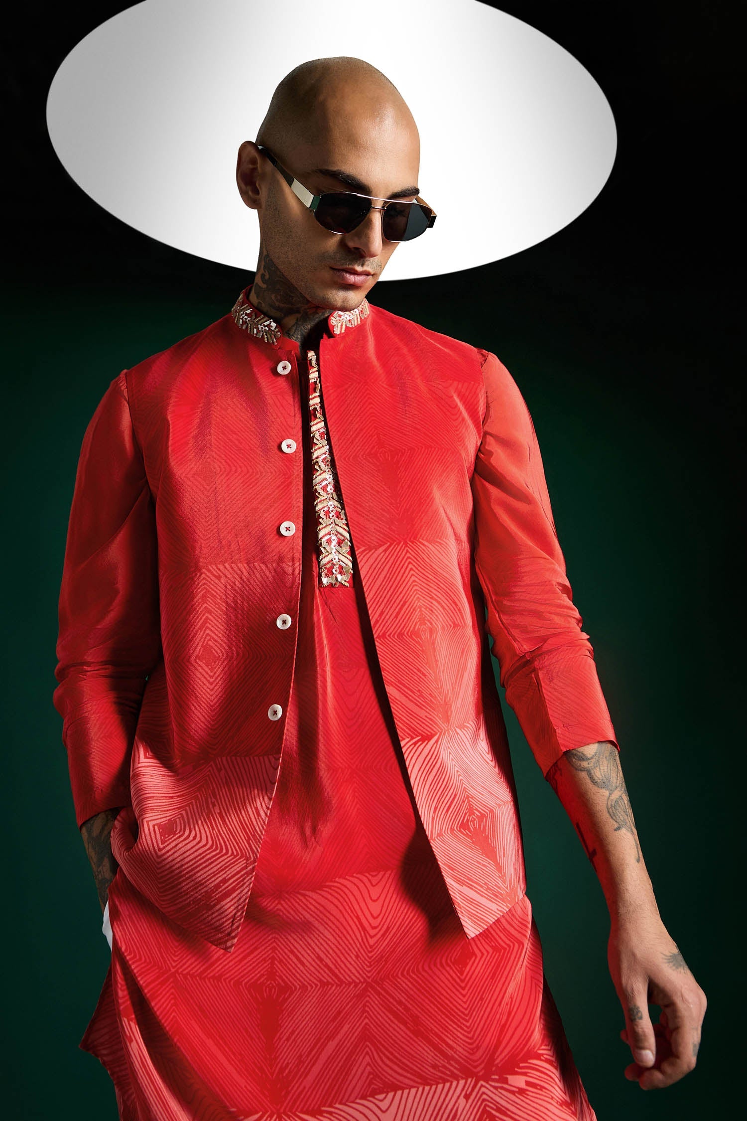 Red Print-hand Embroidered Designer Bundi