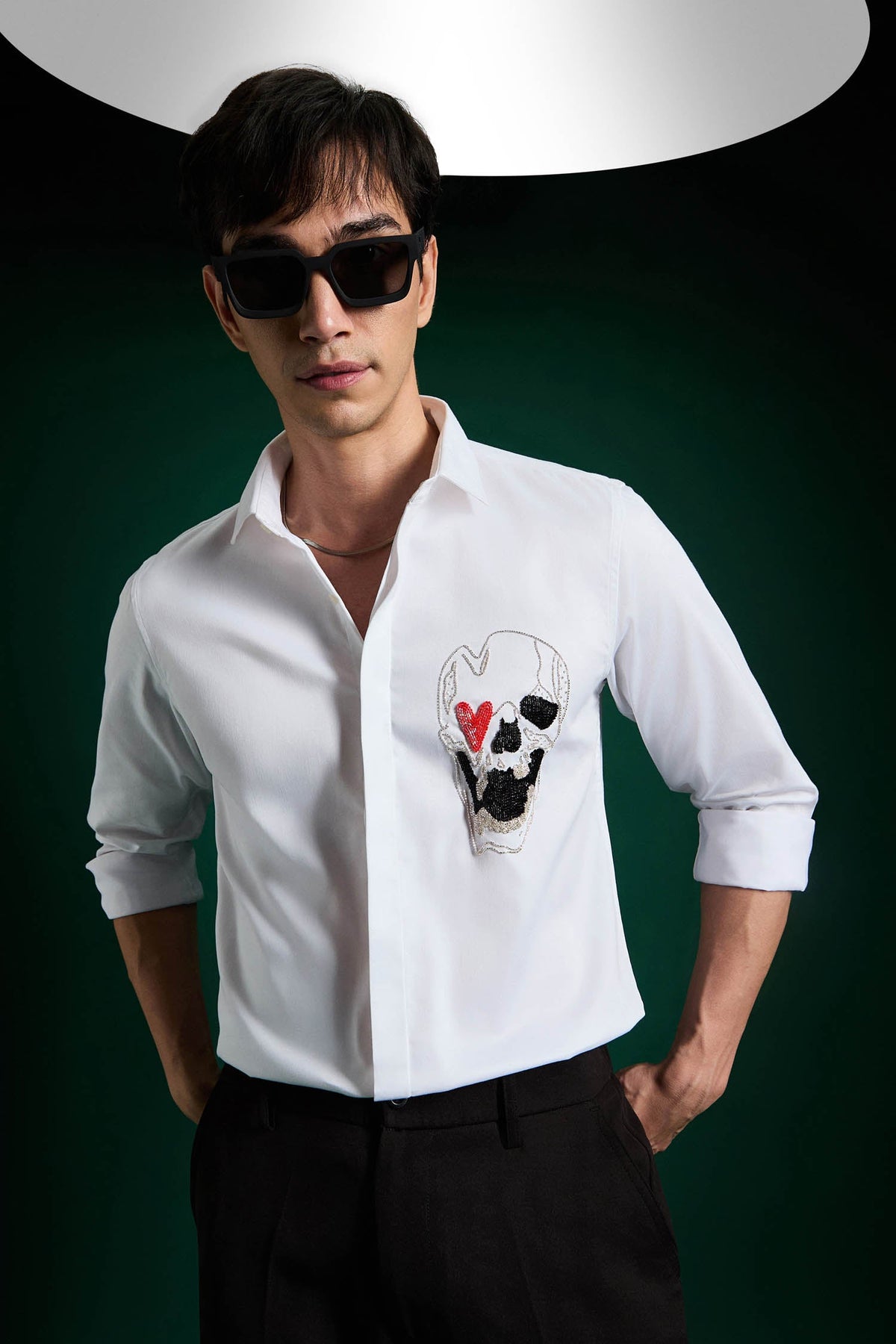 Heart Skull - Hand Embroidered Designer Shirt - White