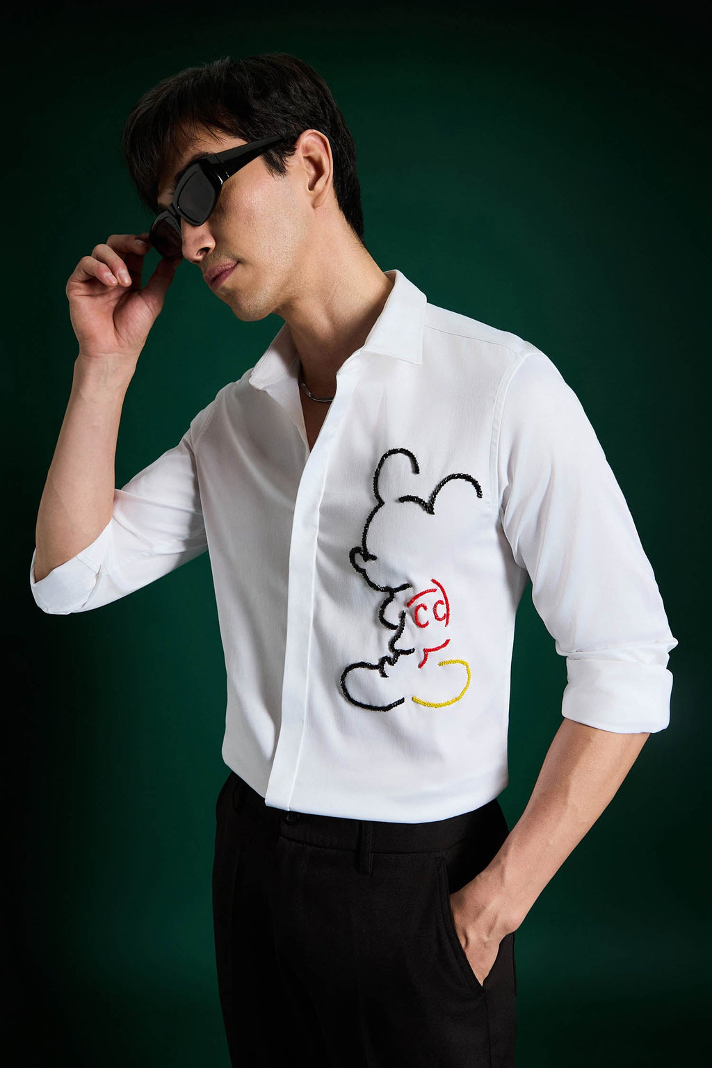 Big Mickey - White Hand Embroidered Designer Shirt - White