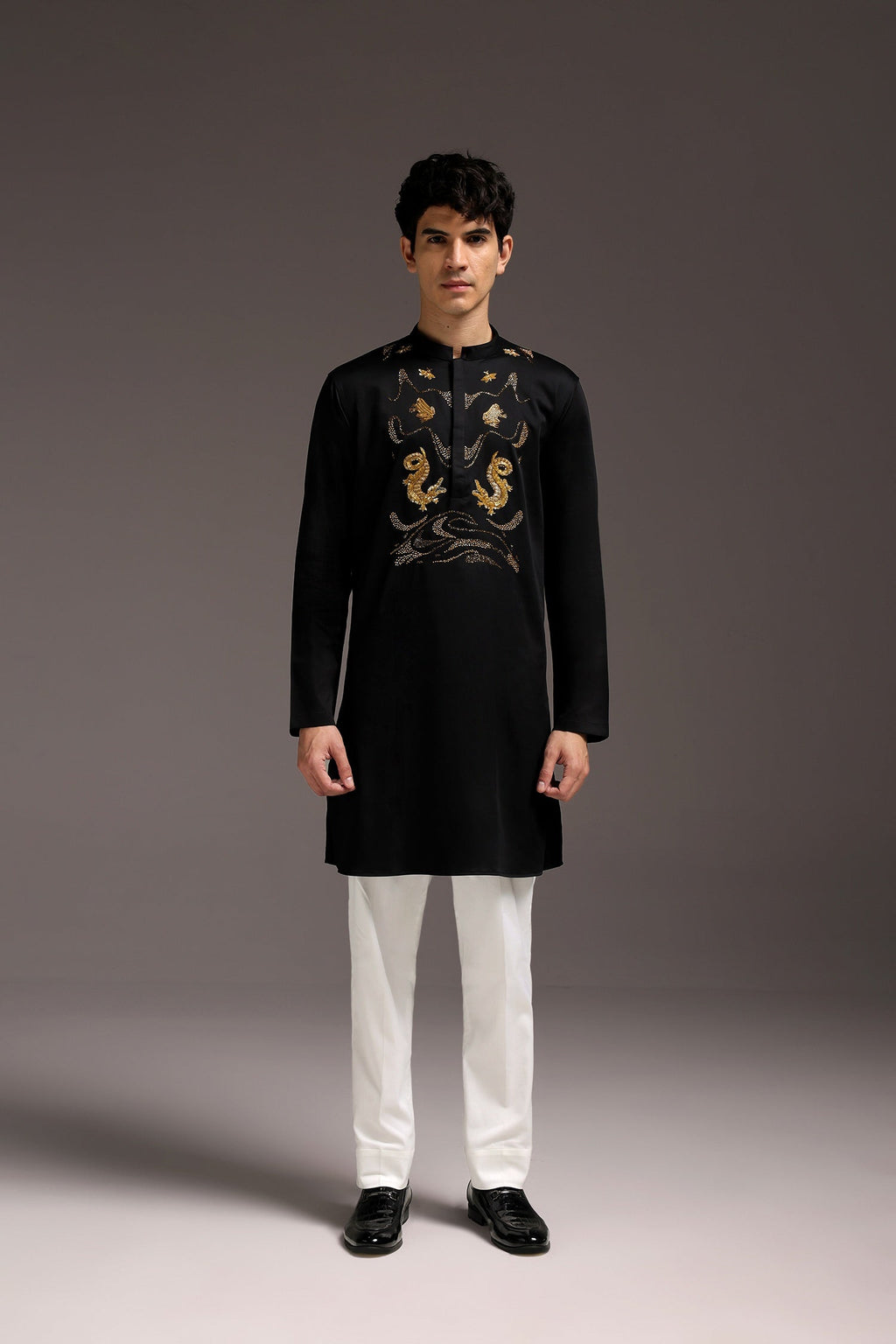 Lagoon(Crocodile&frog) - Hand Embroidered Designer Kurta - Black