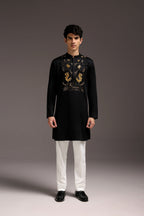 Lagoon(Crocodile&frog) - Hand Embroidered Designer Kurta - Black