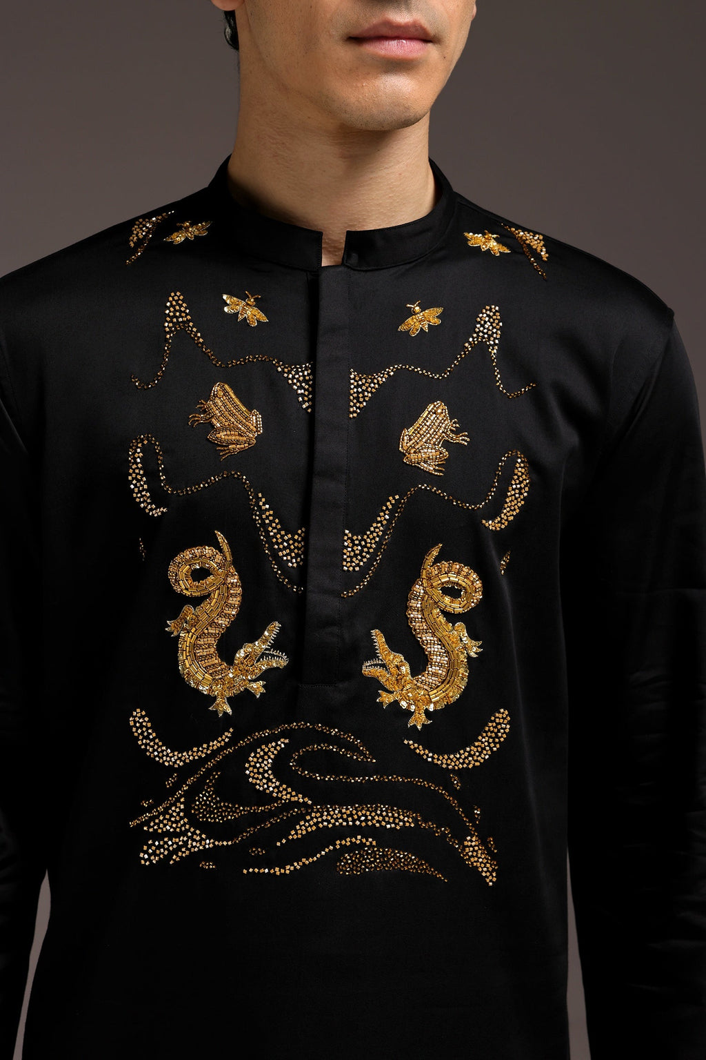 Lagoon(Crocodile&frog) - Hand Embroidered Designer Kurta - Black