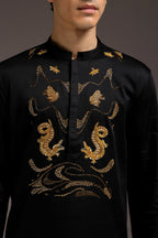 Lagoon(Crocodile&frog) - Hand Embroidered Designer Kurta - Black