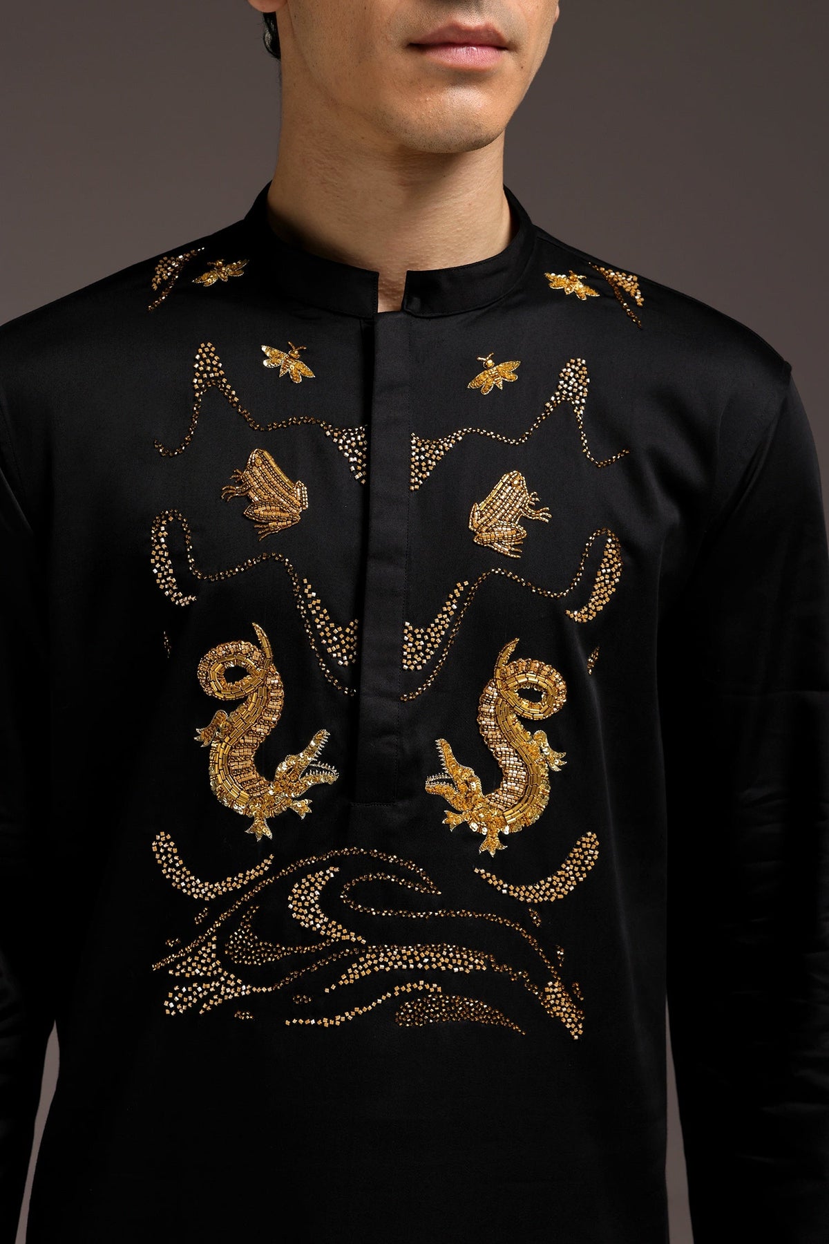 Lagoon(Crocodile&frog) - Hand Embroidered Designer Kurta - Black