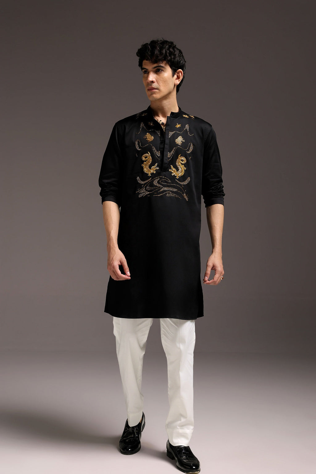 Lagoon(Crocodile&frog) - Hand Embroidered Designer Kurta - Black
