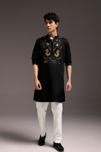 Lagoon(Crocodile&frog) - Hand Embroidered Designer Kurta - Black