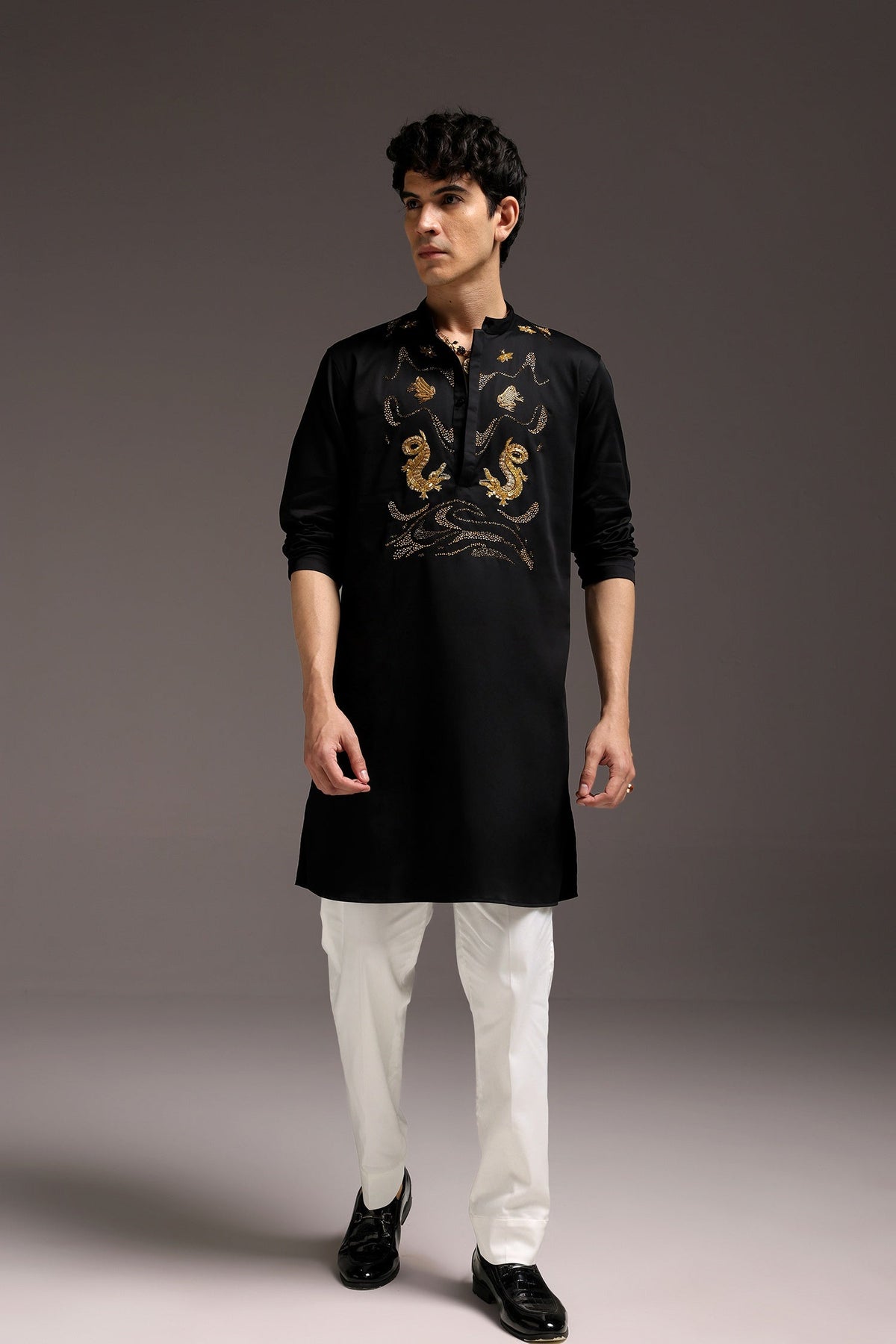 Lagoon(Crocodile&frog) - Hand Embroidered Designer Kurta - Black