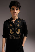 Lagoon(Crocodile&frog) - Hand Embroidered Designer Kurta - Black
