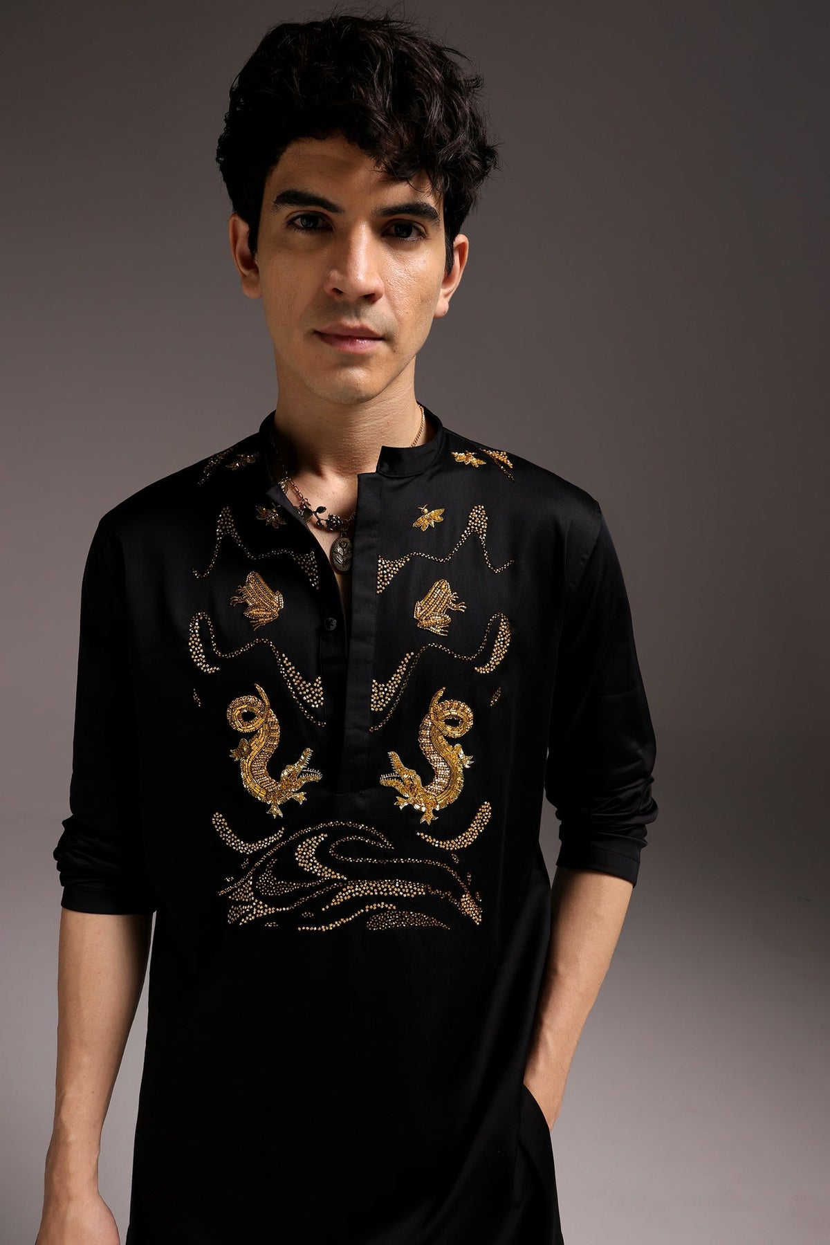 Lagoon(Crocodile&frog) - Hand Embroidered Designer Kurta - Black