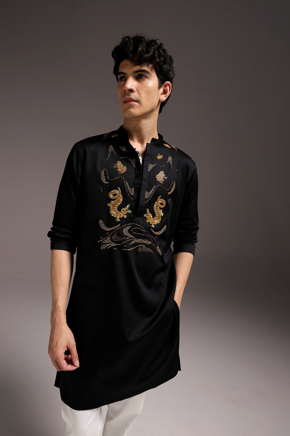 Lagoon(Crocodile&frog) - Hand Embroidered Designer Kurta - Black