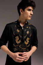 Lagoon(Crocodile&frog) - Hand Embroidered Designer Kurta - Black