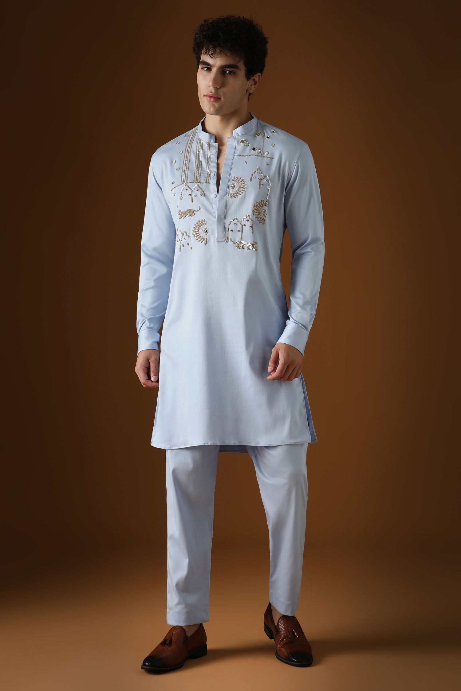 Jaguar Palace -Hand Embroidered Designer Kurta - Powder Blue