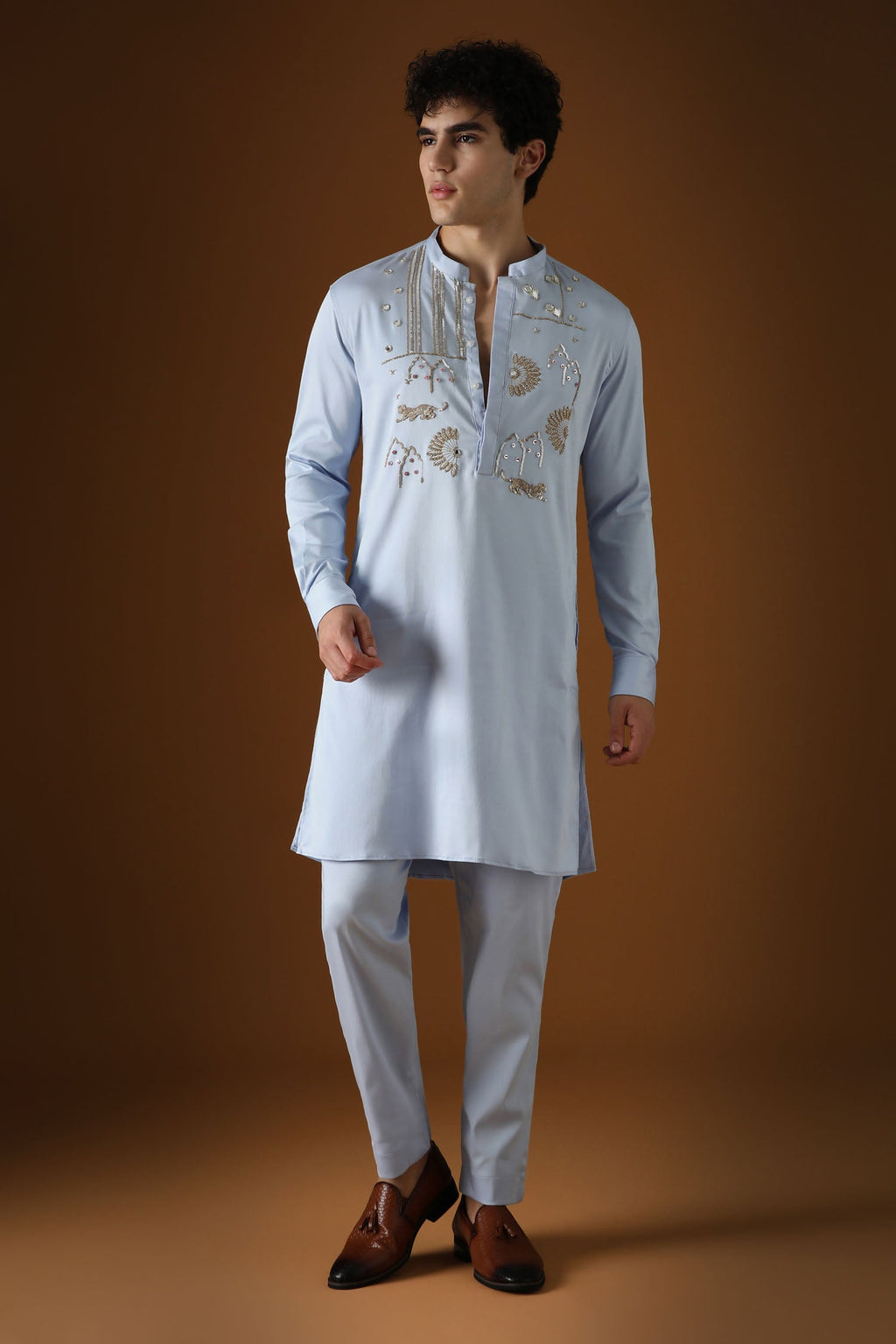 Jaguar Palace -Hand Embroidered Designer Kurta - Powder Blue
