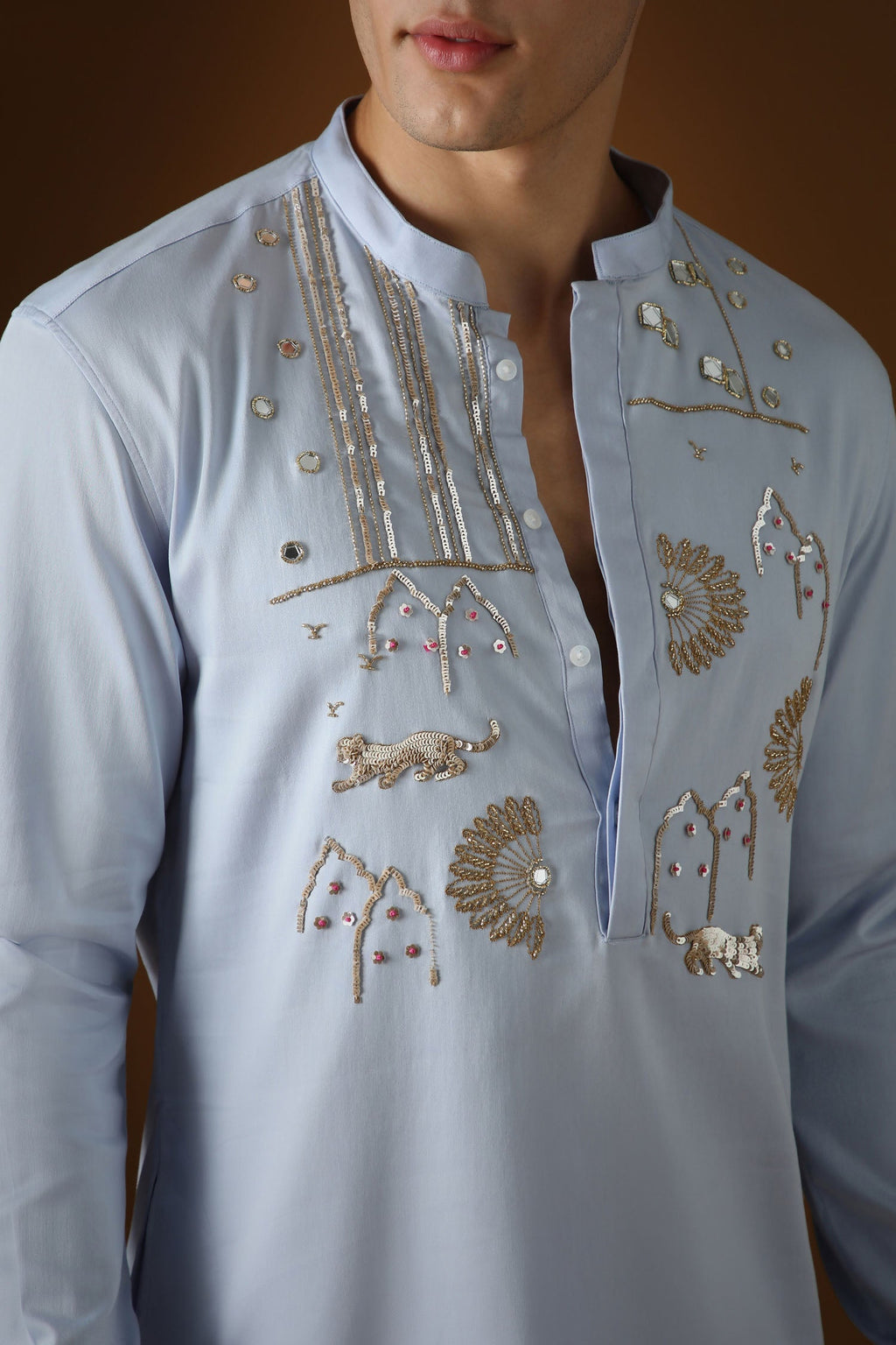 Jaguar Palace -Hand Embroidered Designer Kurta - Powder Blue