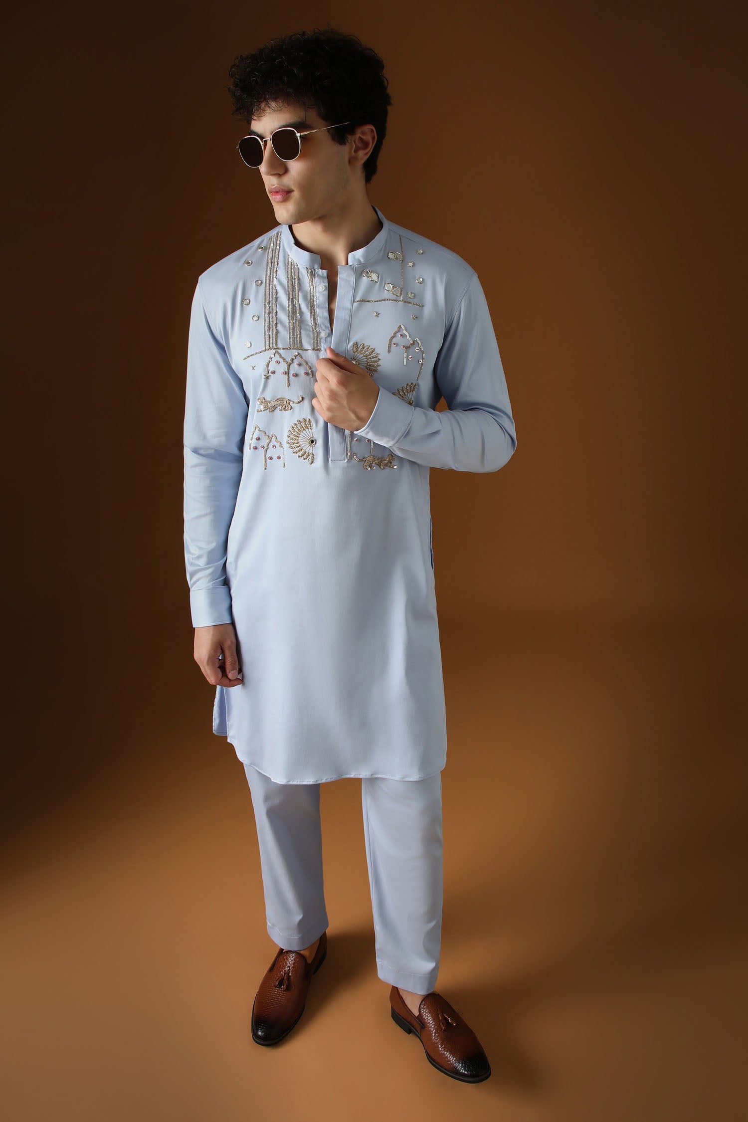 Jaguar Palace -Hand Embroidered Designer Kurta - Powder Blue