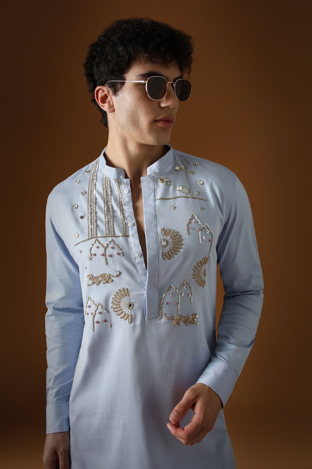 Jaguar Palace -Hand Embroidered Designer Kurta - Powder Blue