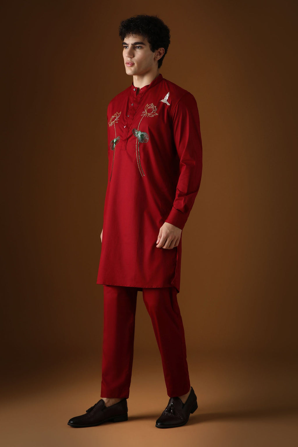 Lotuses - Hand Embroidered Designer Kurta - Burgundy