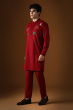 Lotuses - Hand Embroidered Designer Kurta - Burgundy