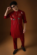 Lotuses - Hand Embroidered Designer Kurta - Burgundy