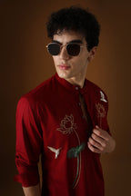 Lotuses - Hand Embroidered Designer Kurta - Burgundy