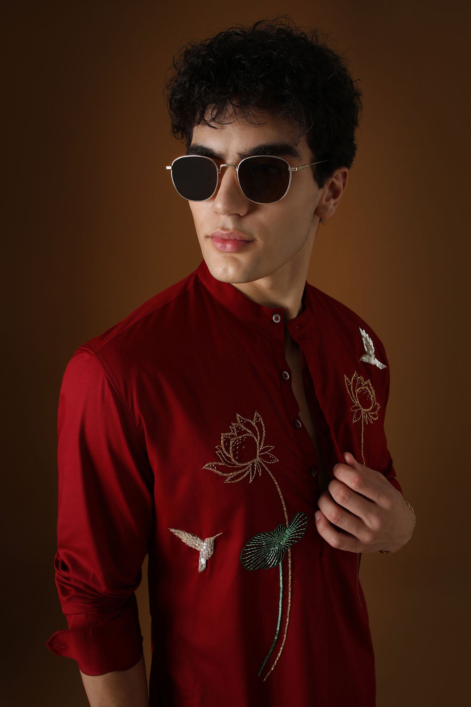 Lotuses - Hand Embroidered Designer Kurta - Burgundy