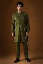 Hamsa - Hand  Embroidered Designer Kurta - Olive Green