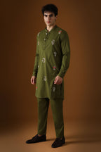 Hamsa - Hand  Embroidered Designer Kurta - Olive Green