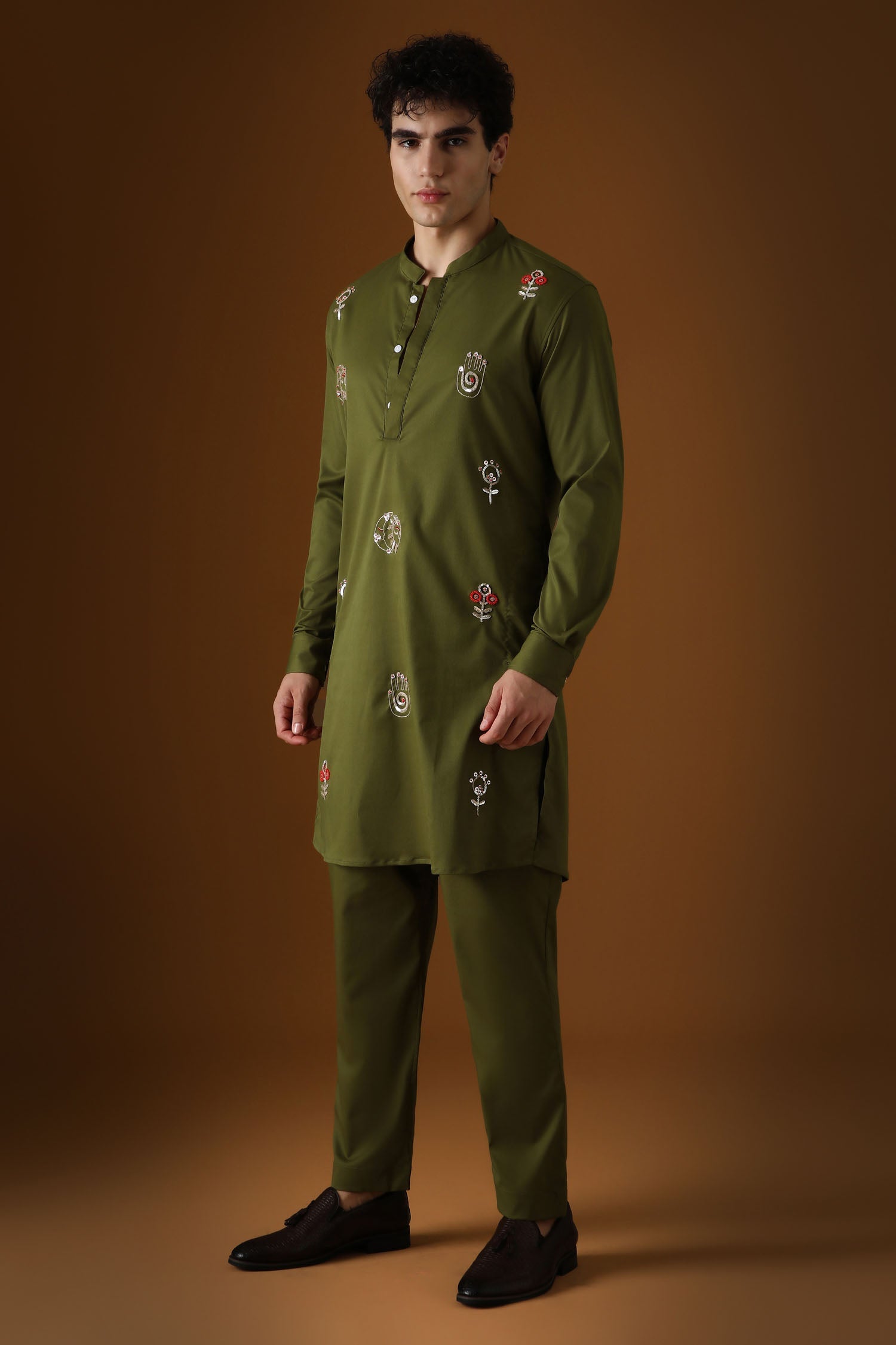 Hamsa - Hand  Embroidered Designer Kurta - Olive Green