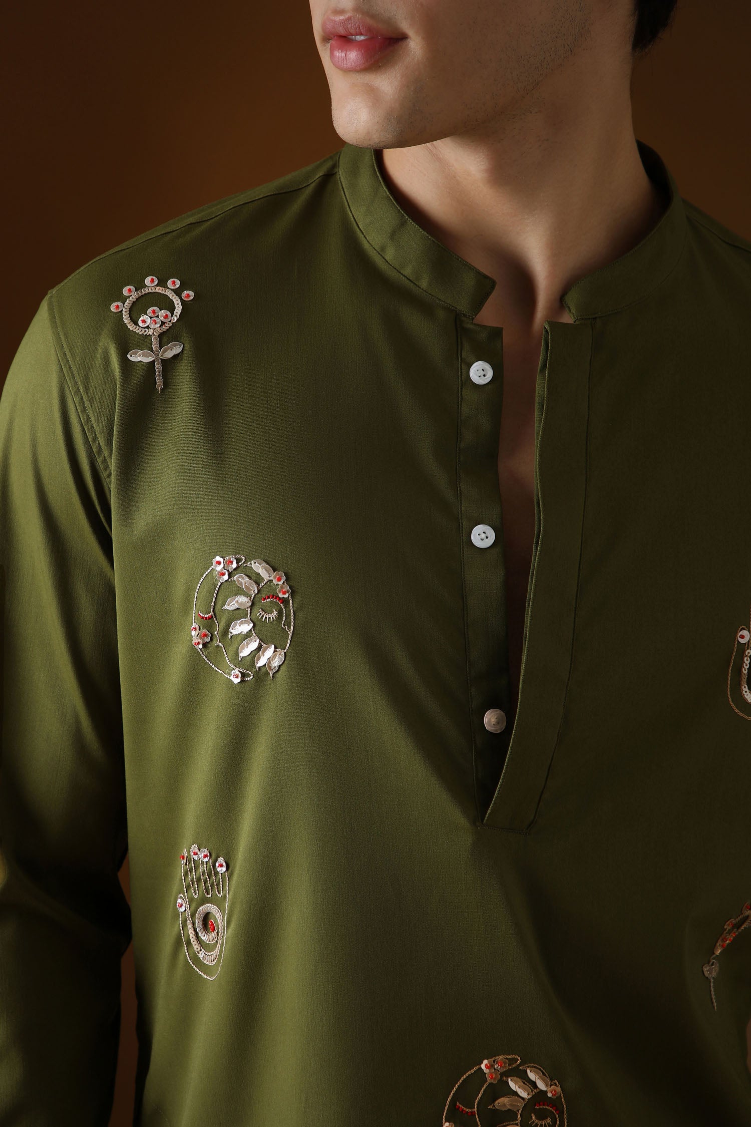 Hamsa - Hand  Embroidered Designer Kurta - Olive Green