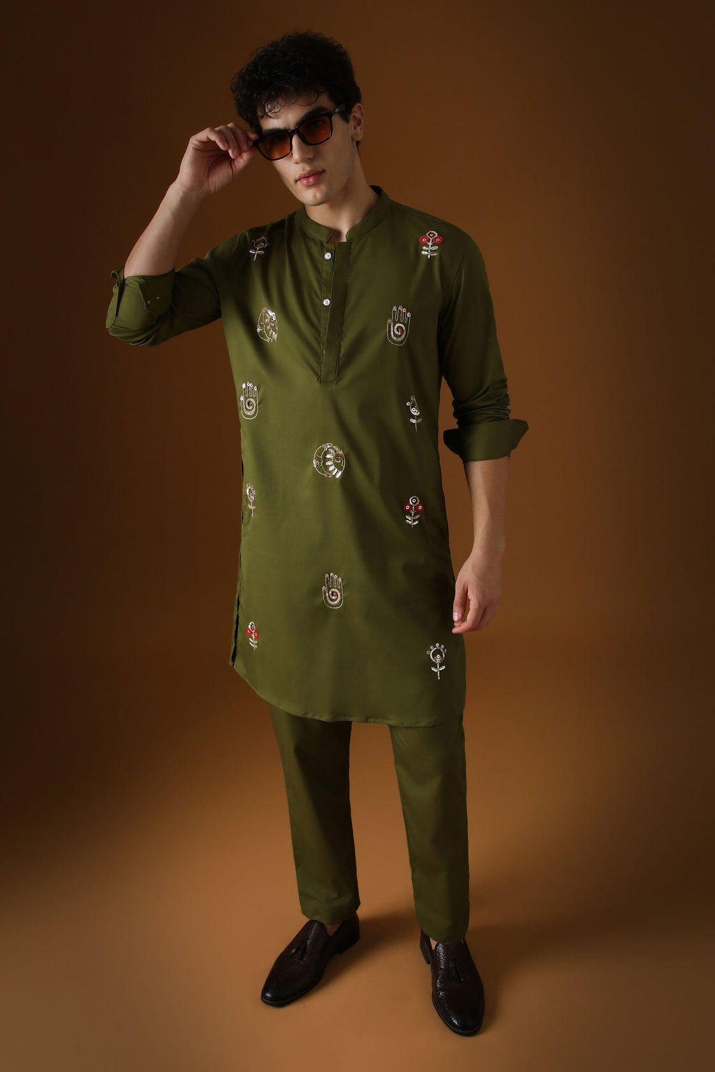 Hamsa - Hand  Embroidered Designer Kurta - Olive Green