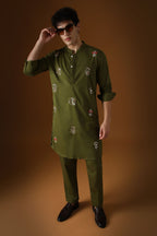 Hamsa - Hand  Embroidered Designer Kurta - Olive Green
