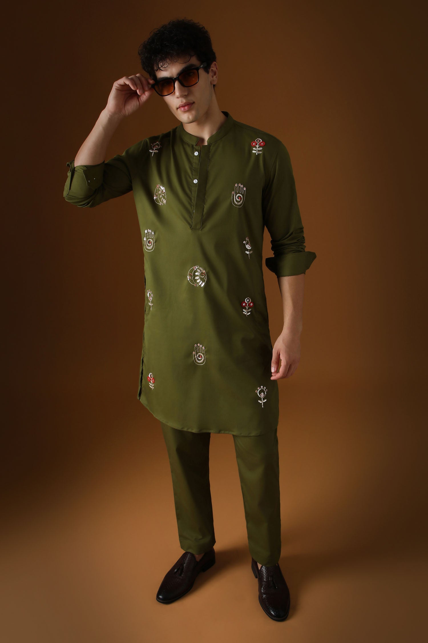 Hamsa - Hand  Embroidered Designer Kurta - Olive Green
