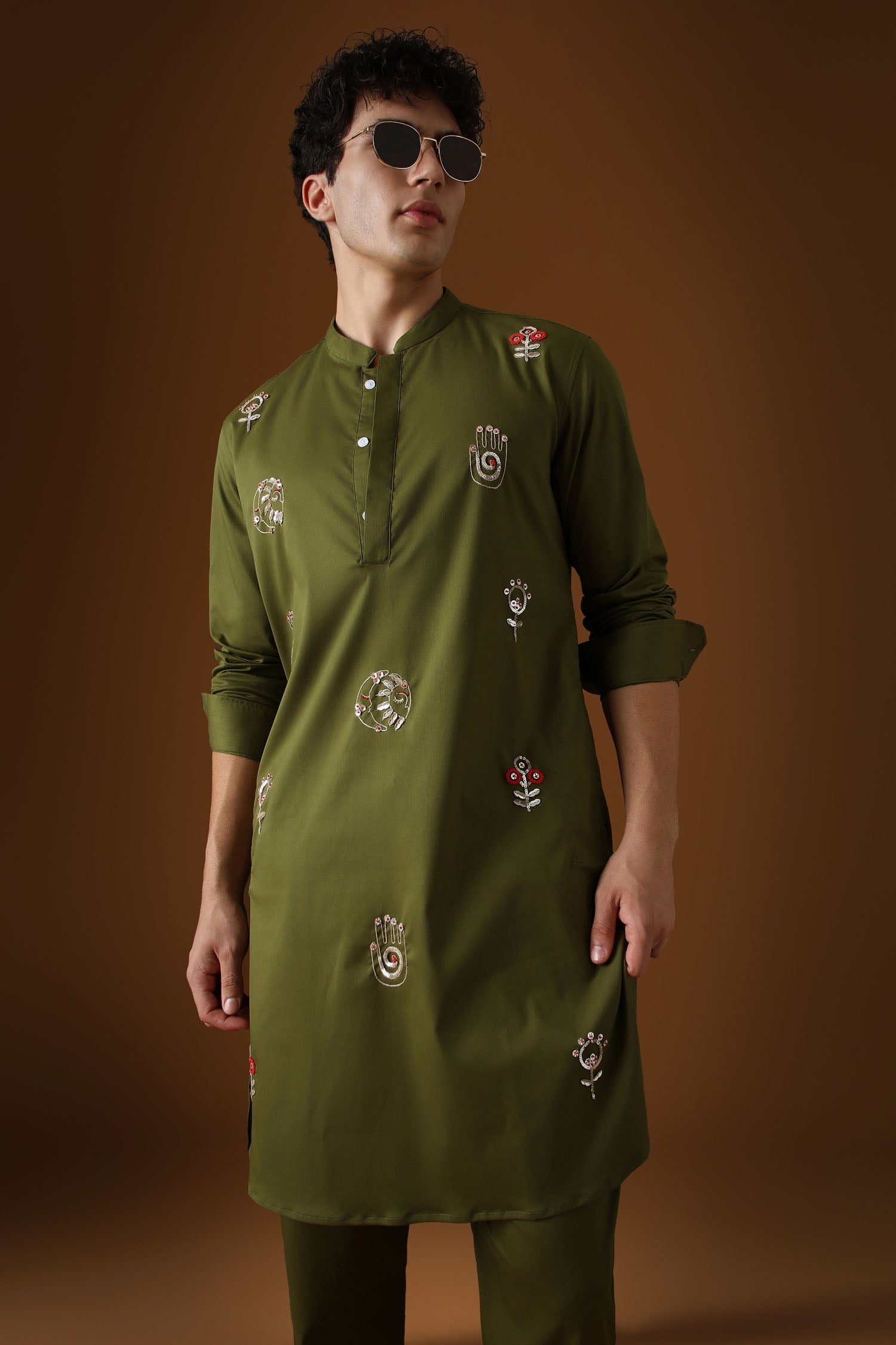 Hamsa - Hand  Embroidered Designer Kurta - Olive Green