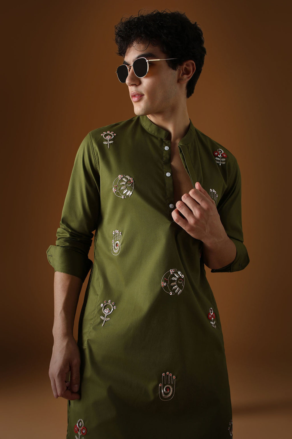 Hamsa - Hand  Embroidered Designer Kurta - Olive Green