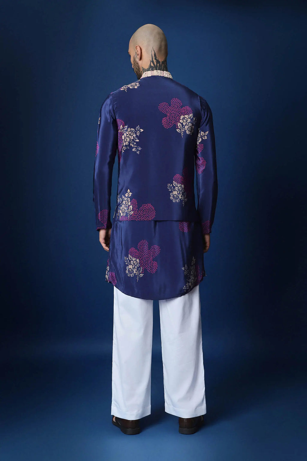 Flower Print Bandhani Hand Embroidered Bundi Set - Blue