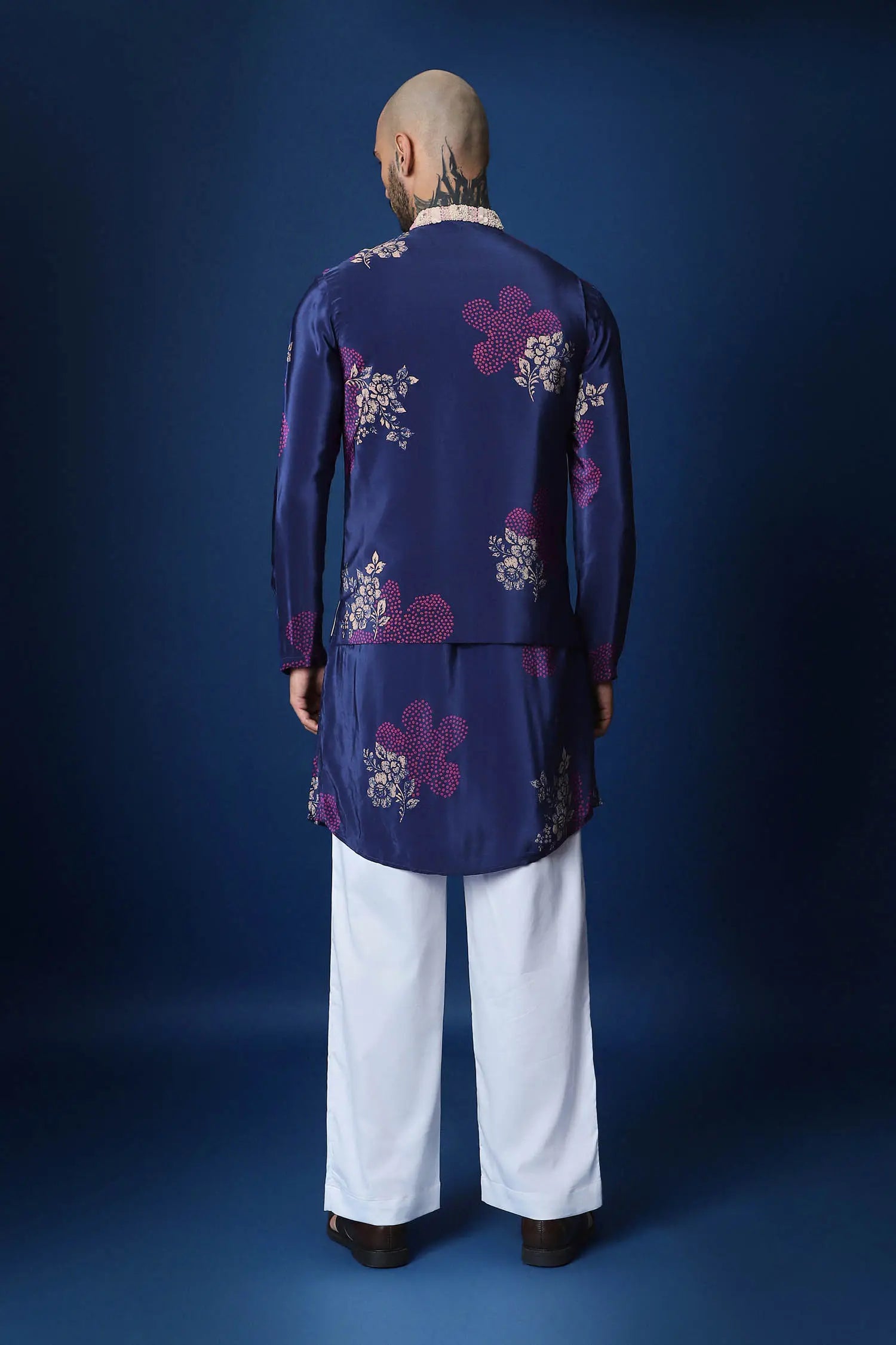 Flower Print Bandhani Hand Embroidered Bundi Set - Blue