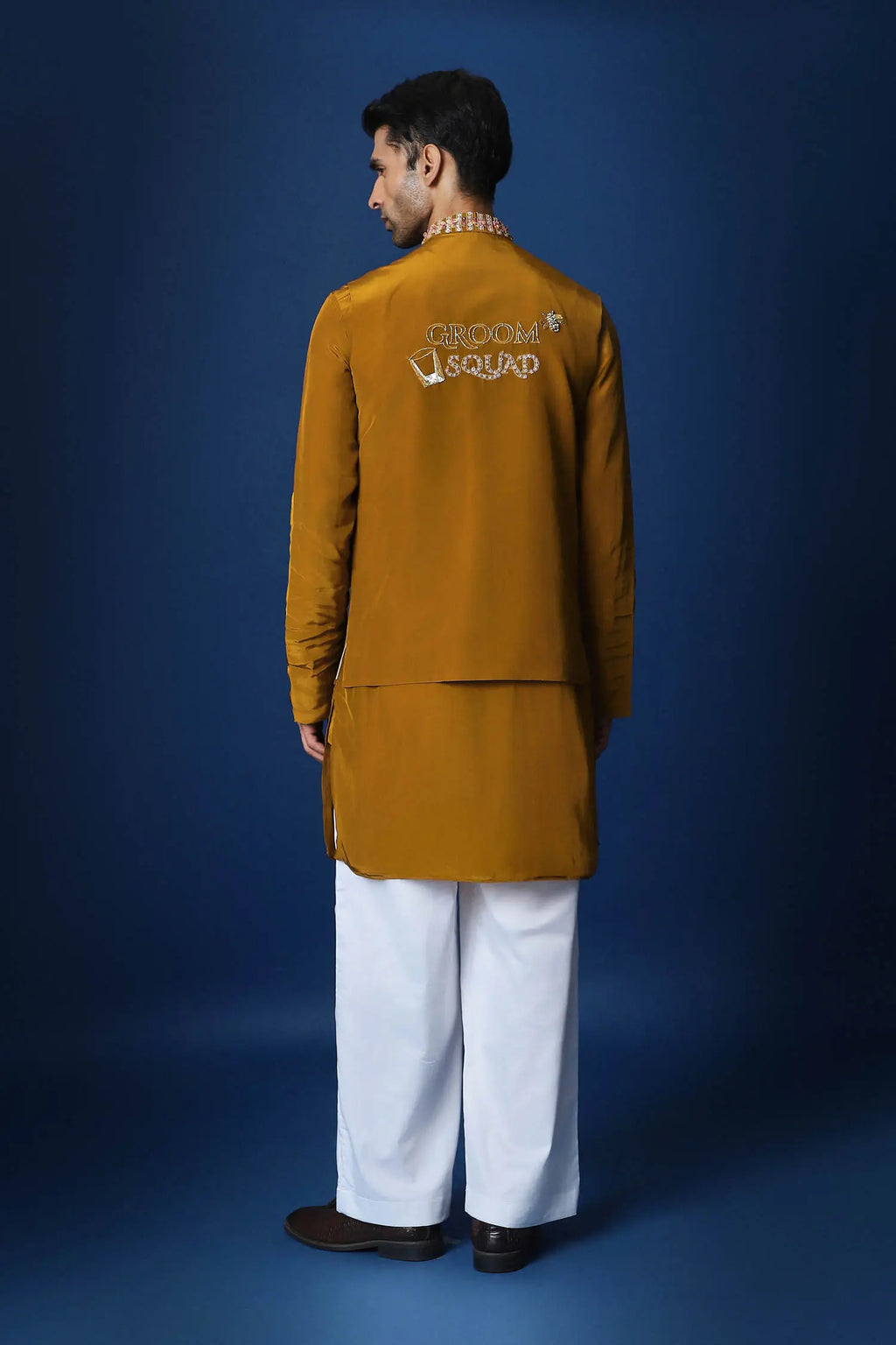 Groom Squad Hand Embroidered Crepe Bundi Set - Mustard