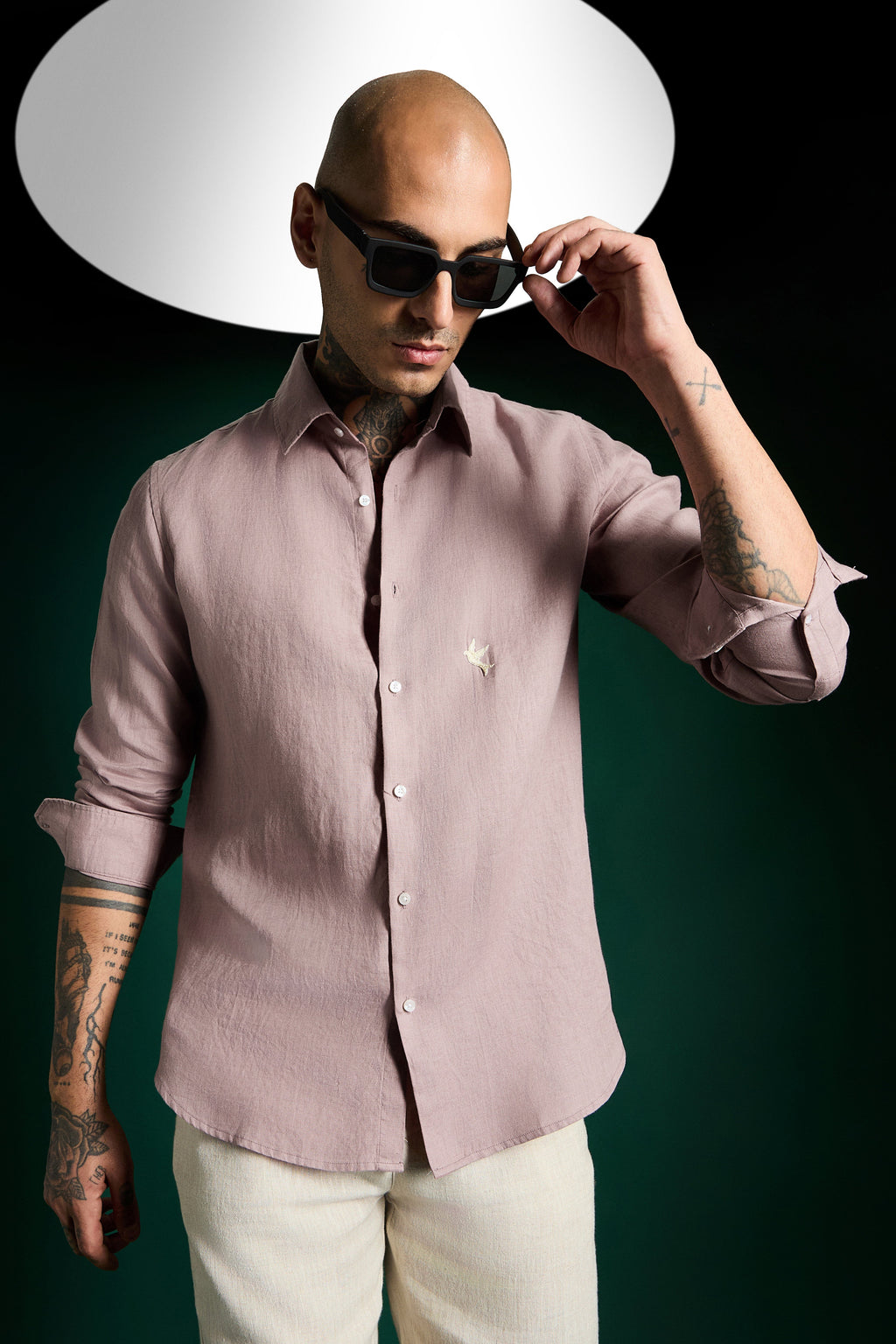 Bird Hand Embroidered Irish Linen Shirt - Dusky Pink