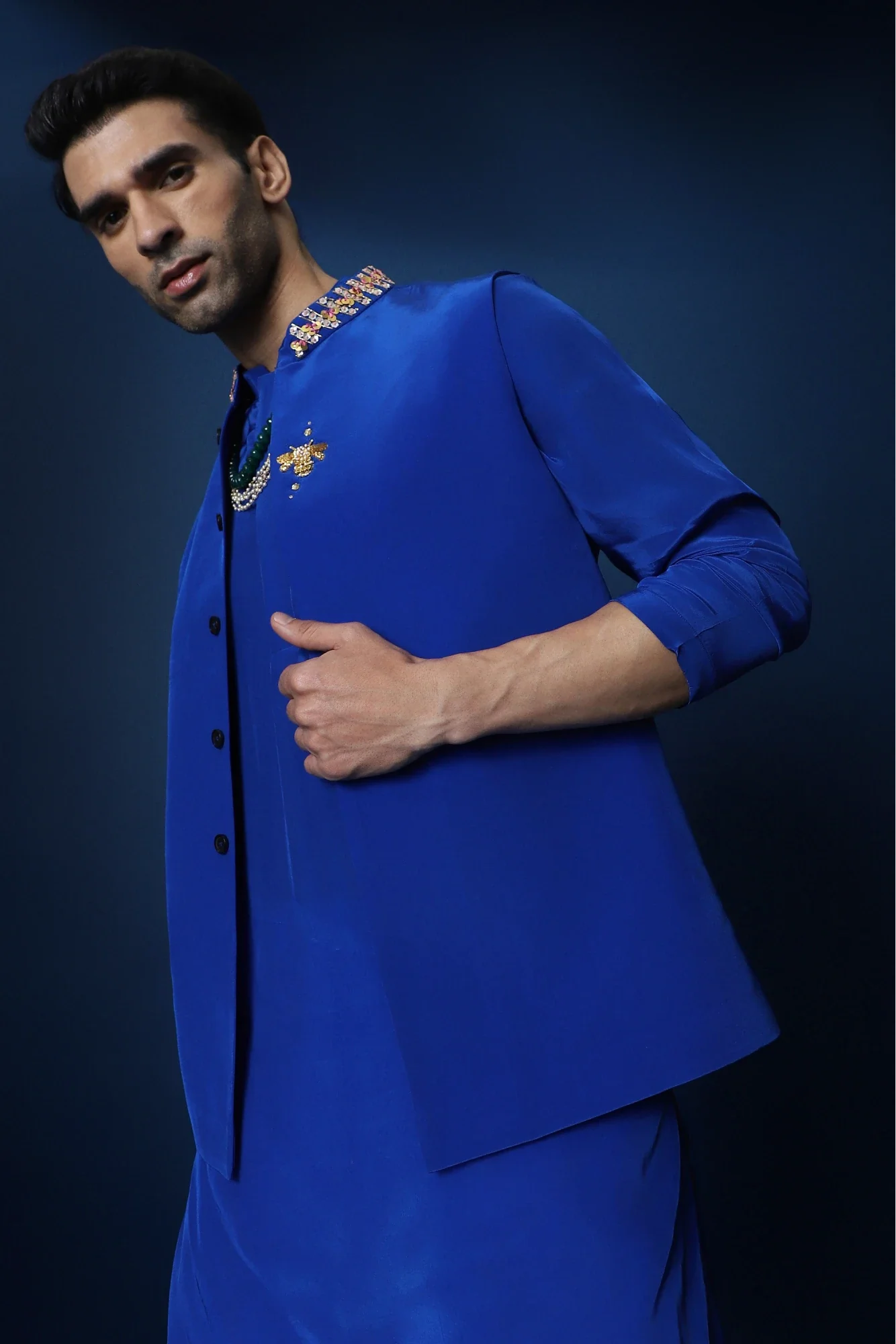 Groom Squad Hand Embroidered Crepe Bundi With Kurta  - Royal Blue