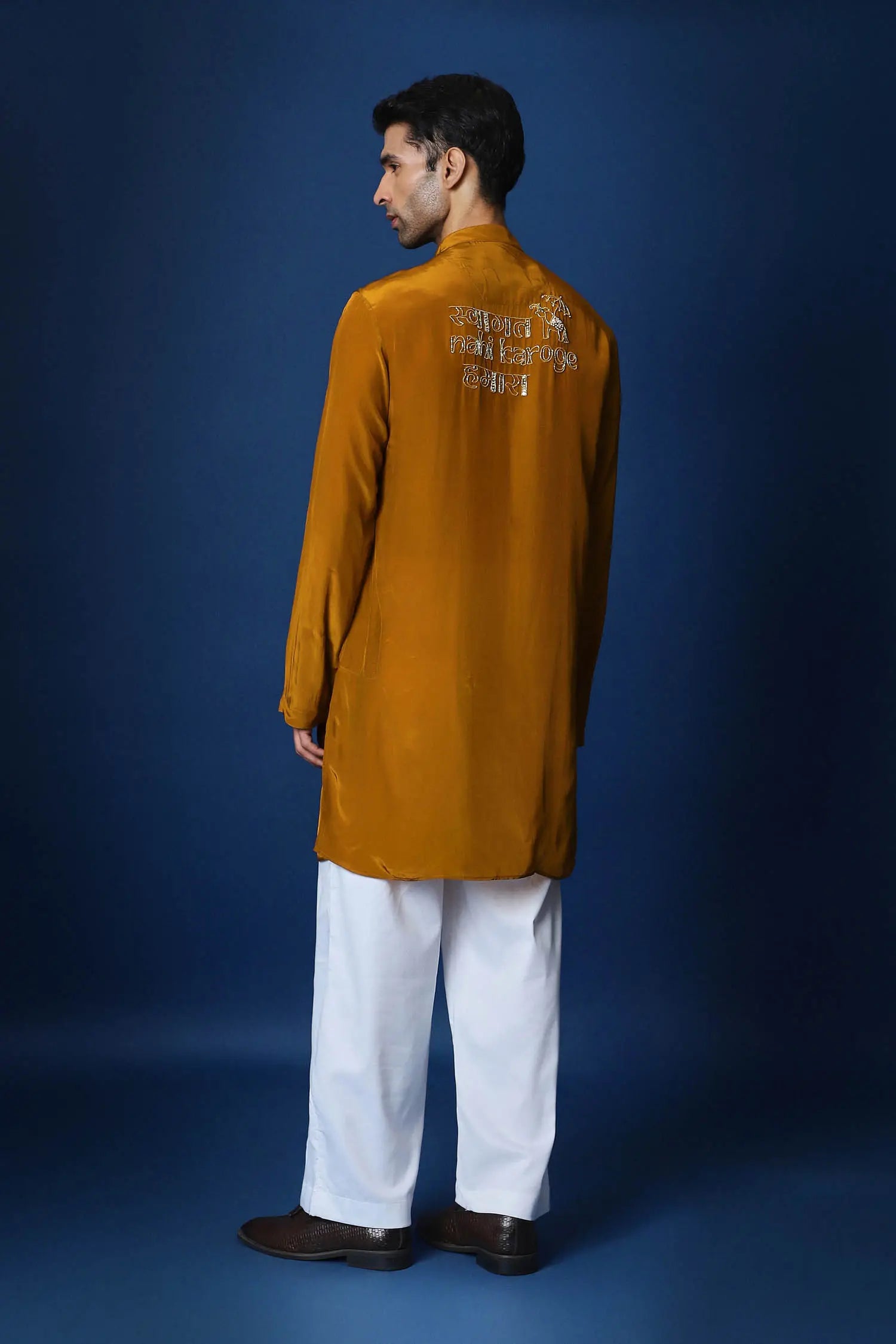 Swaagat Nahin Karoge Humara Hand Embroidered Kurta - Mustard