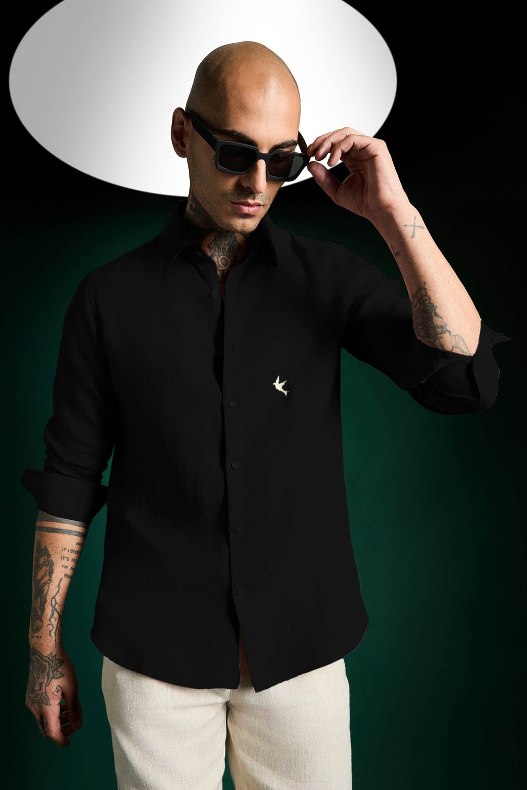 Bird Hand Embroidered Irish Linen Shirt - Black