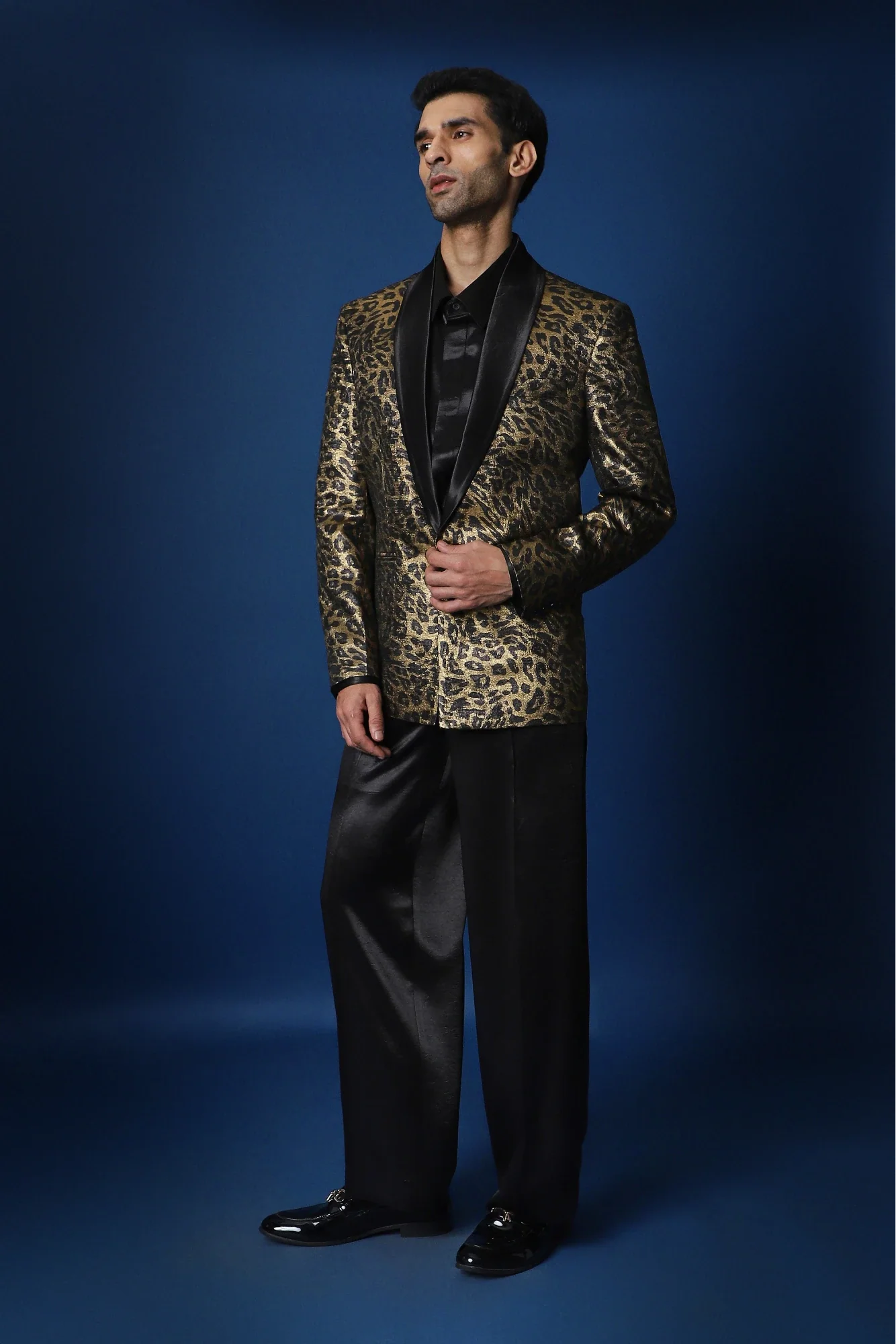Leopard / Animal Print Hand Embroidered Tuxedo - Black