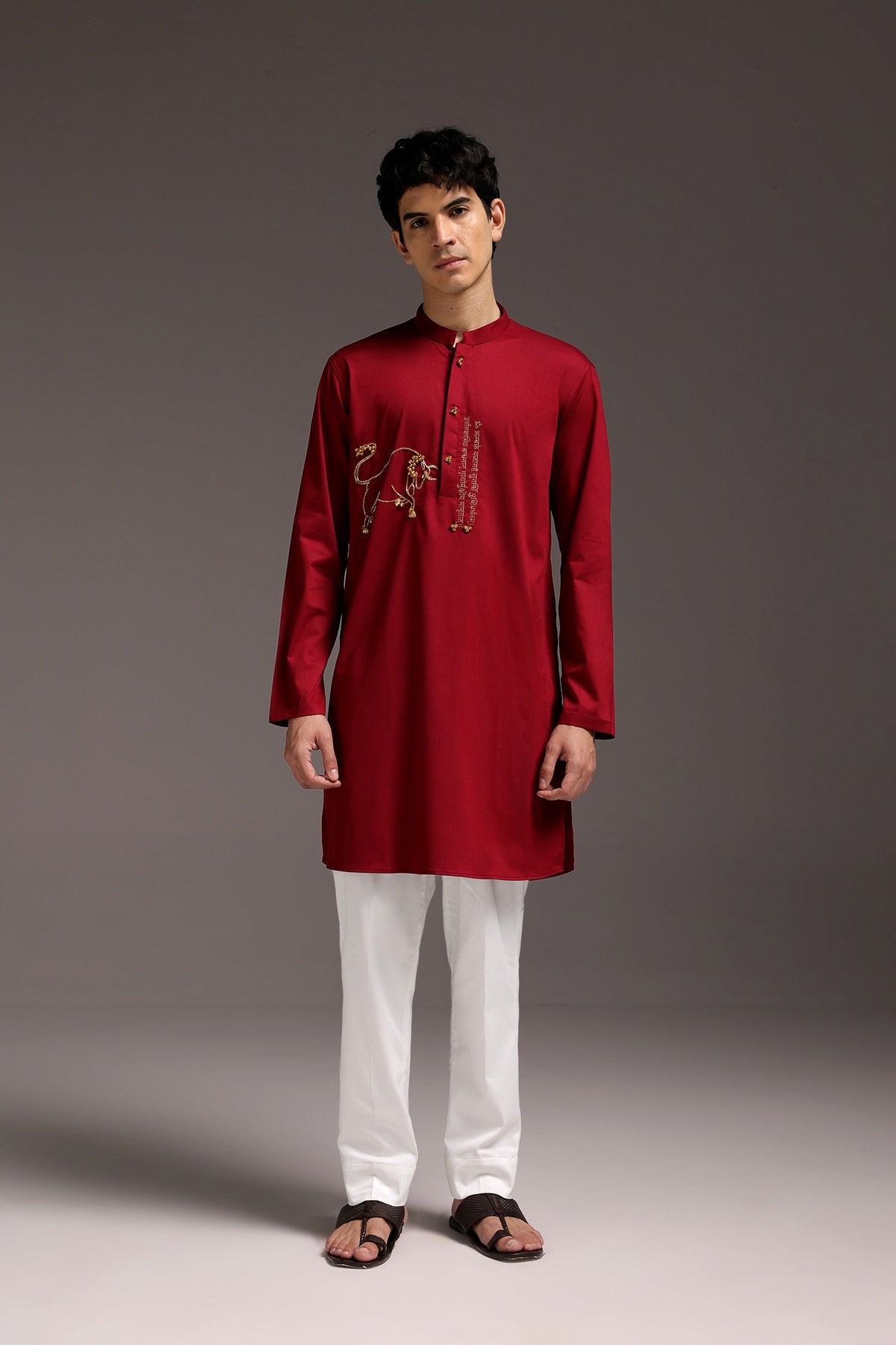 Nandi(Bull) - Hand Embroidered Designer Kurta - Burgandy