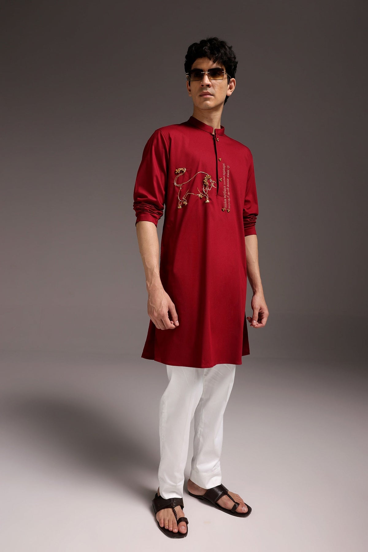 Nandi(Bull) - Hand Embroidered Designer Kurta - Burgandy