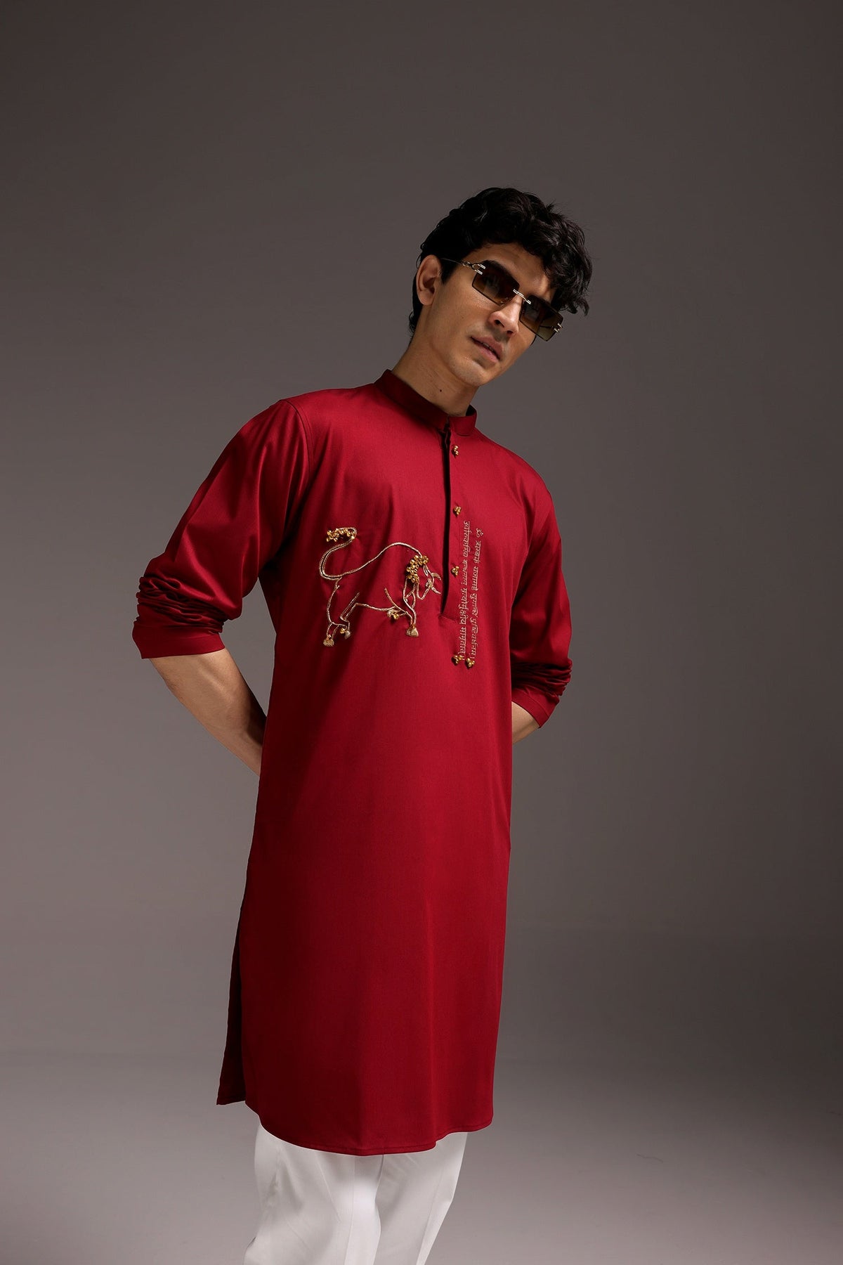 Nandi(Bull) - Hand Embroidered Designer Kurta - Burgandy